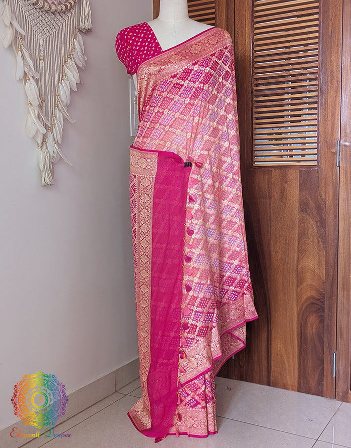 Pink Shaded Banarasi Bandhani Khaddi Georgette Saree – Bandhani Saree Online India | Elegantt Drapes