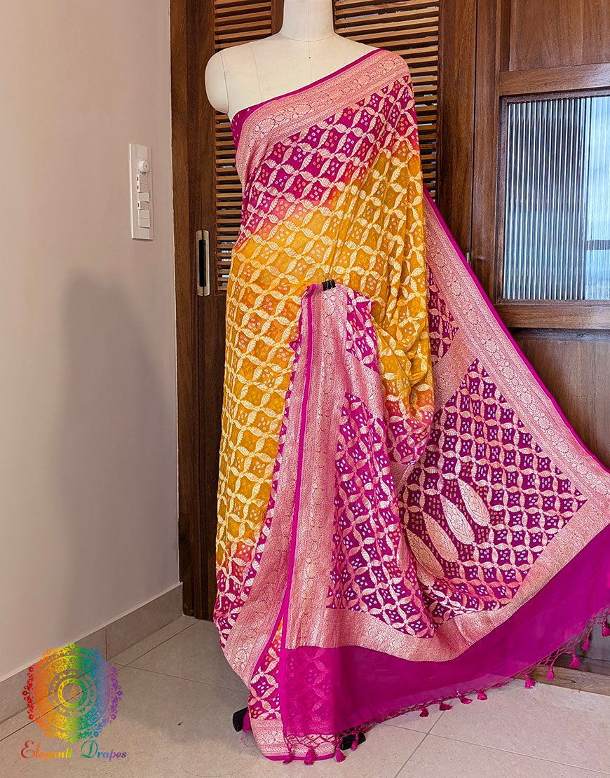 Pink Yellow Banarasi Bandhani Khaddi Georgette Saree – Bandhani Saree Online India | Elegantt Drapes