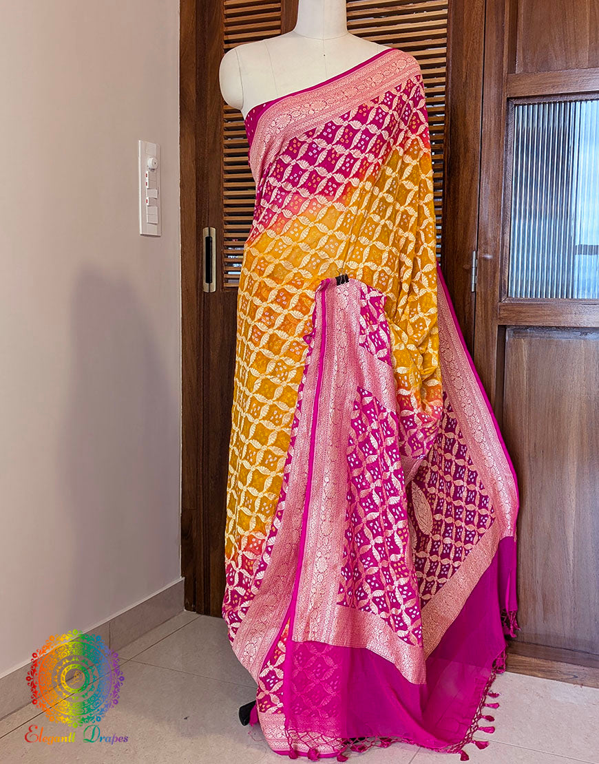 Pink Yellow Banarasi Bandhani Khaddi Georgette Saree – Bandhani Saree Online India | Elegantt Drapes