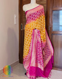Pink Yellow Banarasi Bandhani Khaddi Georgette Saree – Bandhani Saree Online India | Elegantt Drapes