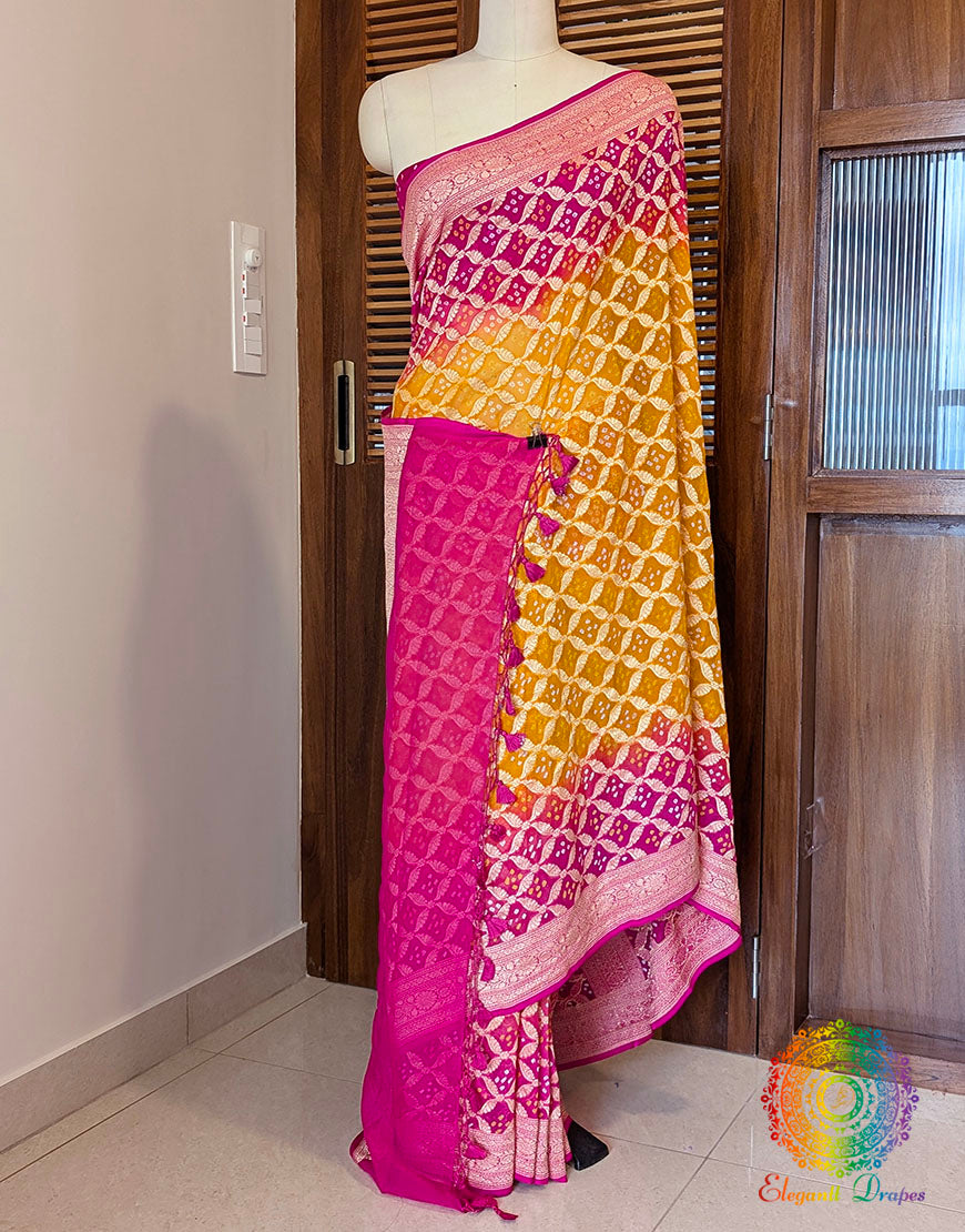 Pink Yellow Banarasi Bandhani Khaddi Georgette Saree – Bandhani Saree Online India | Elegantt Drapes