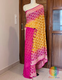 Pink Yellow Banarasi Bandhani Khaddi Georgette Saree – Bandhani Saree Online India | Elegantt Drapes