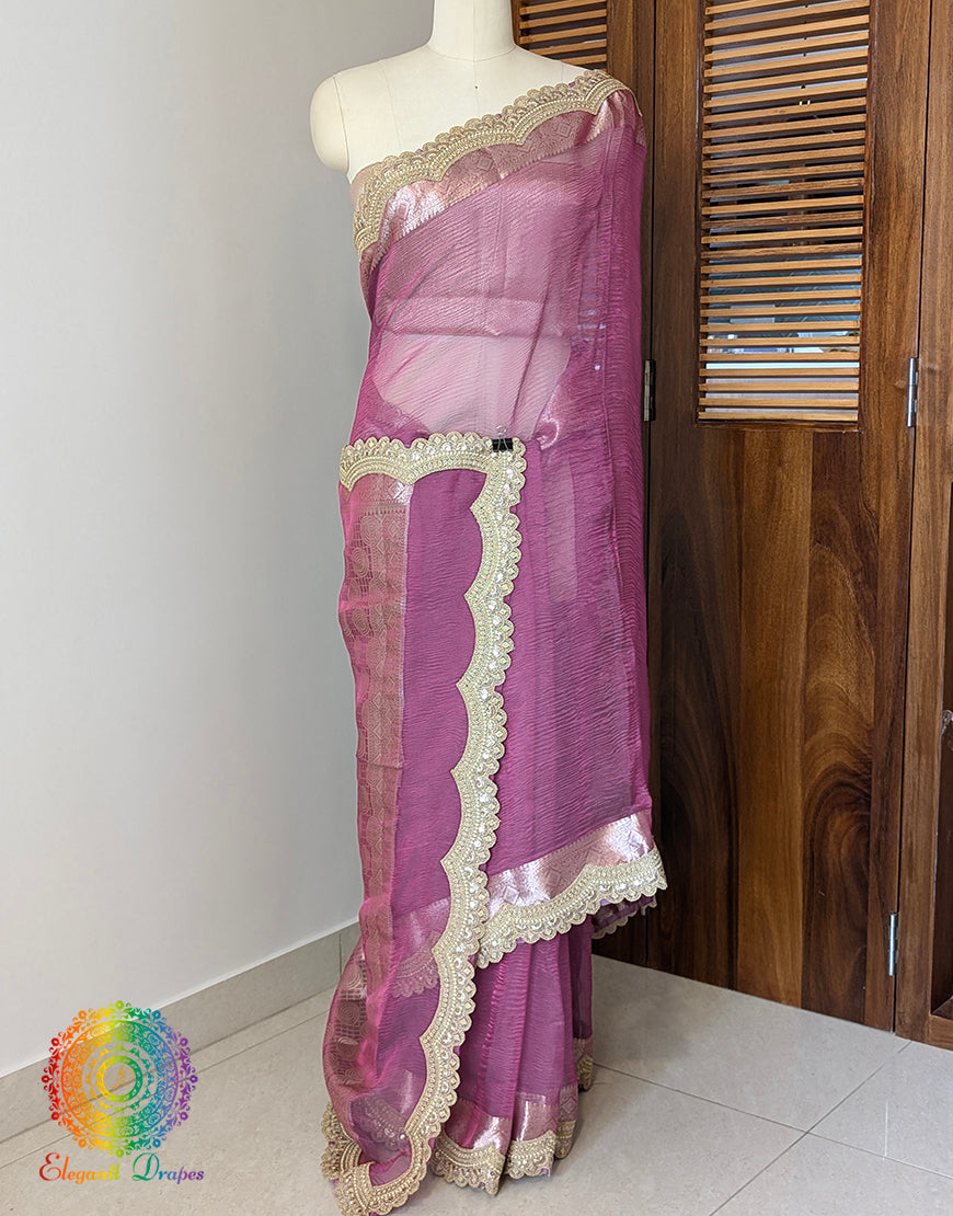 Pink Pure Banarasi Crushed Tissue Silk Saree – Handloom Saree Online India | Elegantt Drapes
