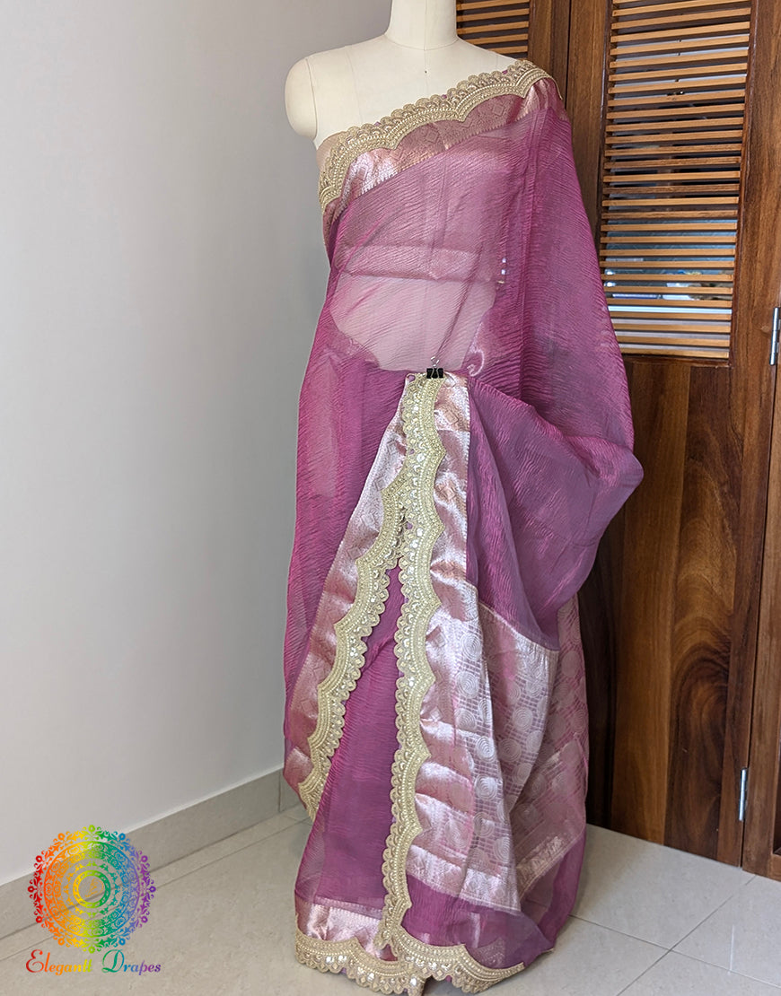 Pink Pure Banarasi Crushed Tissue Silk Saree – Handloom Saree Online India | Elegantt Drapes
