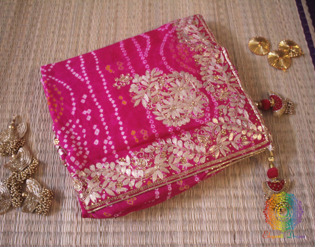 Pretty Pink Pure Crepe Rai Bandhej Gota Patti Saree