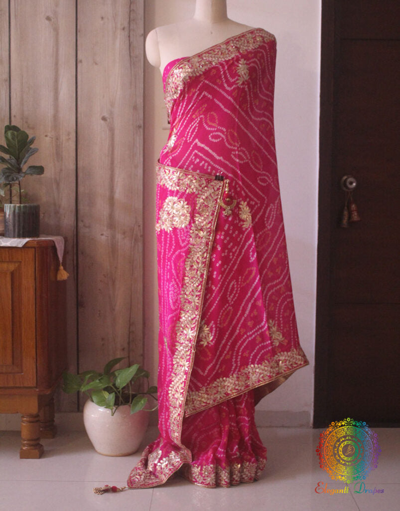 Pretty Pink Pure Crepe Rai Bandhej Gota Patti Saree