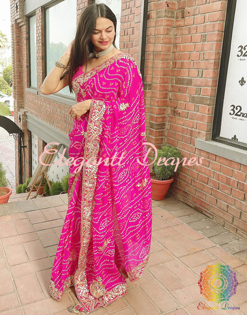 Pretty Pink Pure Crepe Rai Bandhej Gota Patti Saree