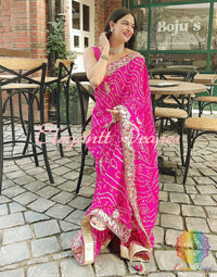 Pretty Pink Pure Crepe Rai Bandhej Gota Patti Saree