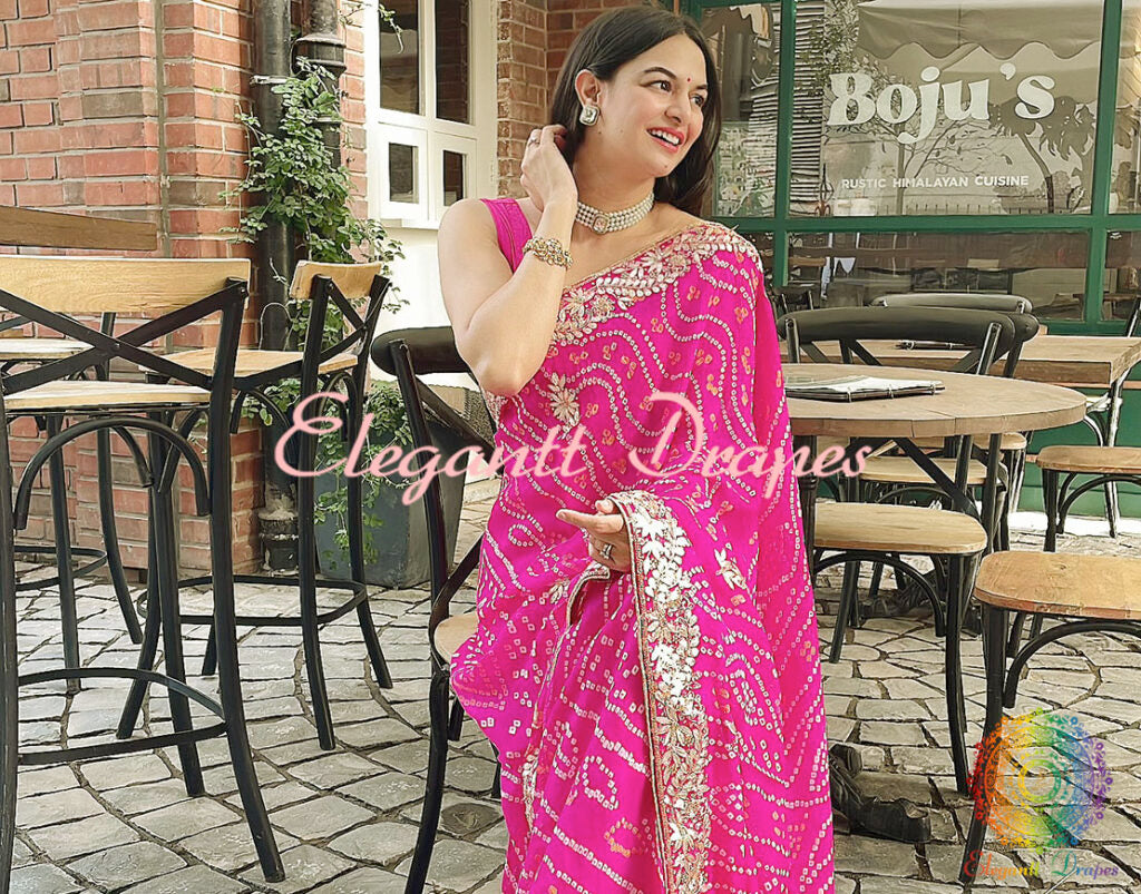 Pretty Pink Pure Crepe Rai Bandhej Gota Patti Saree