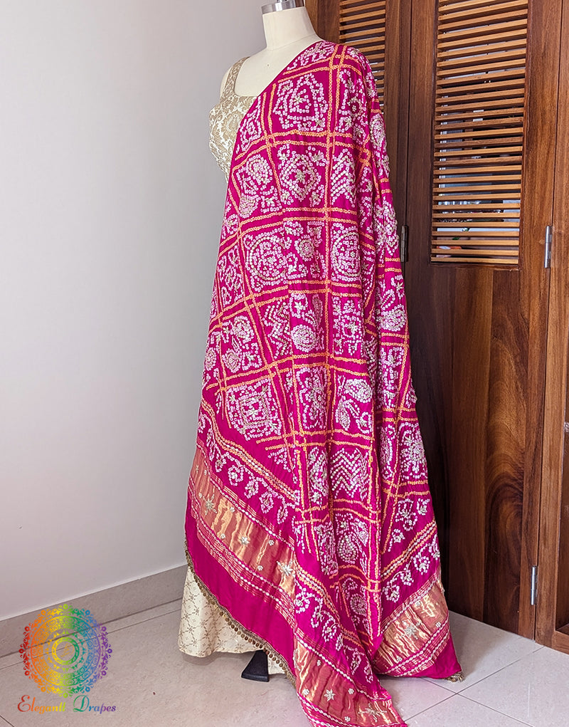 Pink Gaji Silk Bandhani Gota Handwork Dupatta – Bandhani Saree Online India | Elegantt Drapes