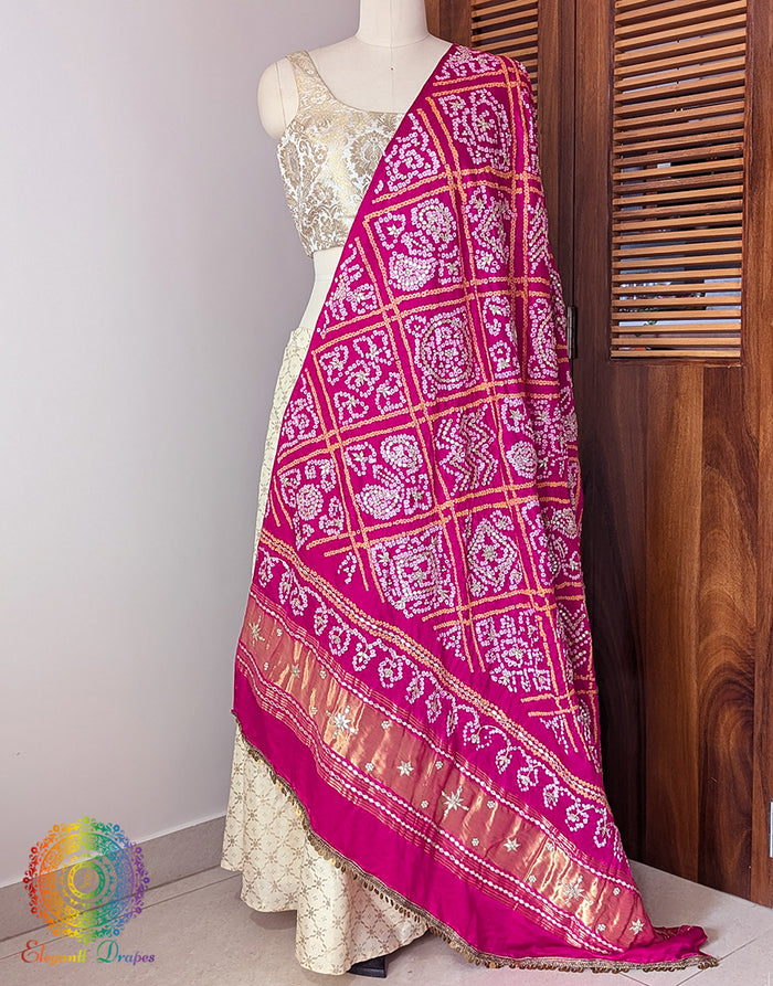 Pink Gaji Silk Bandhani Gota Handwork Dupatta – Bandhani Saree Online India | Elegantt Drapes