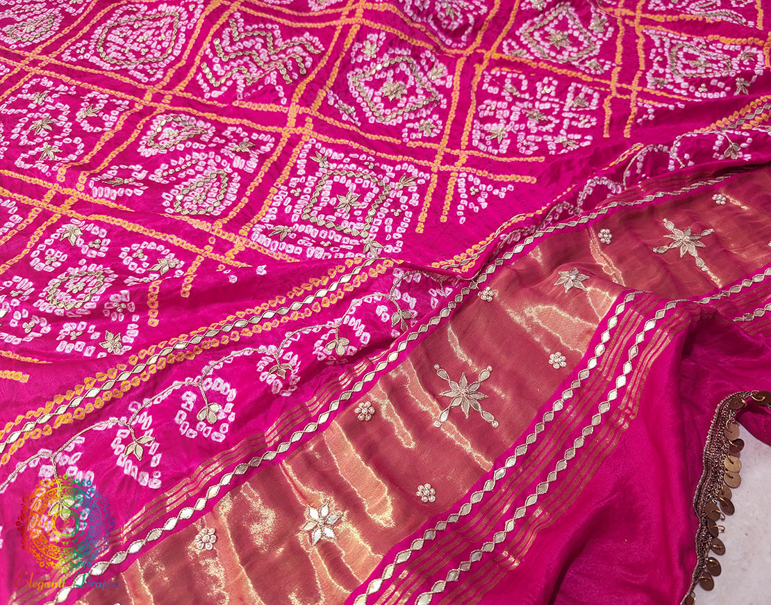 Pink Gaji Silk Bandhani Gota Handwork Dupatta – Bandhani Saree Online India | Elegantt Drapes