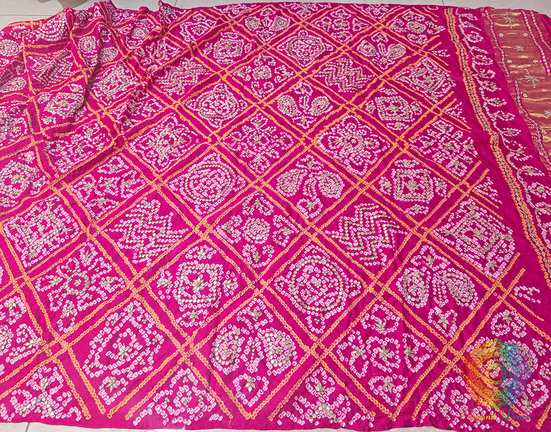 Pink Gaji Silk Bandhani Gota Handwork Dupatta – Bandhani Saree Online India | Elegantt Drapes