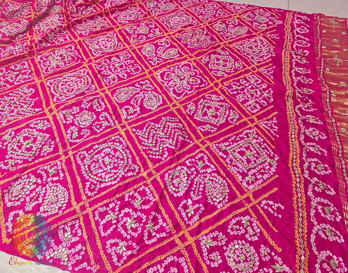 Pink Gaji Silk Bandhani Gota Handwork Dupatta – Bandhani Saree Online India | Elegantt Drapes