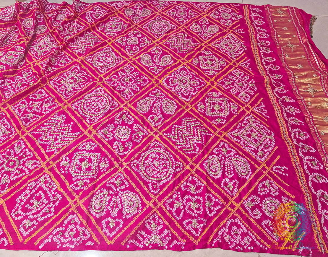Pink Gaji Silk Bandhani Gota Handwork Dupatta – Bandhani Saree Online India | Elegantt Drapes