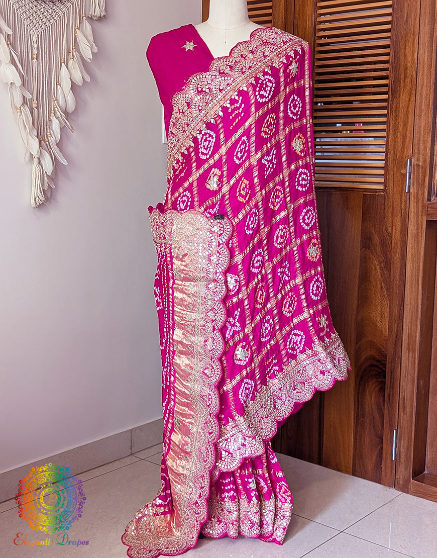 Pink Gaji Silk Gharchola Gota Patti Scalloped Border Saree – Handloom Saree Online India | Elegantt Drapes