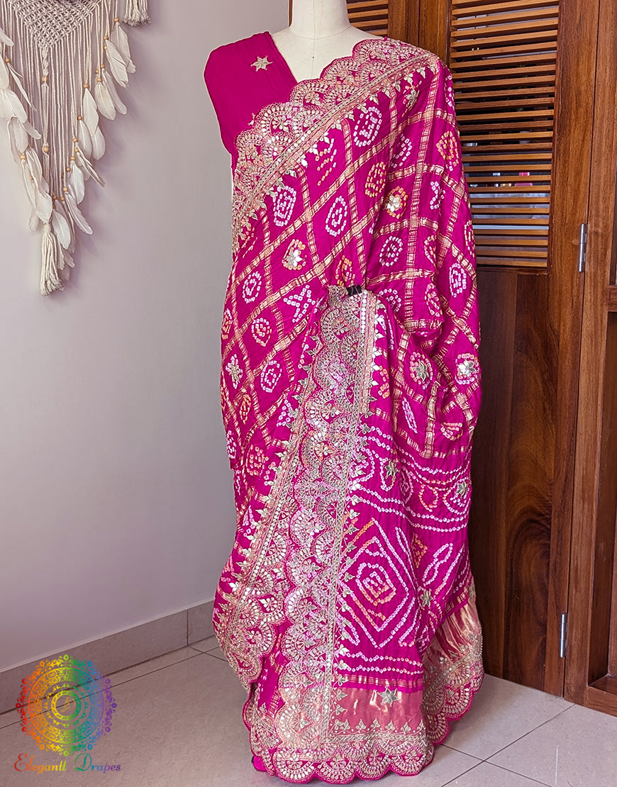 Pink Gaji Silk Gharchola Gota Patti Scalloped Border Saree – Handloom Saree Online India | Elegantt Drapes