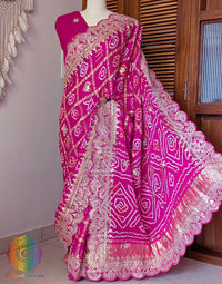 Pink Gaji Silk Gharchola Gota Patti Scalloped Border Saree – Handloom Saree Online India | Elegantt Drapes