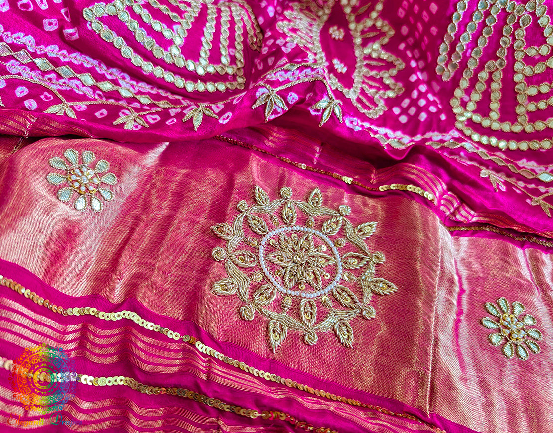 Pink Gaji Silk Bandhani Gota Patti Handwork Dupatta