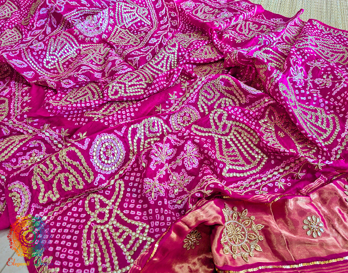 Pink Gaji Silk Bandhani Gota Patti Handwork Dupatta