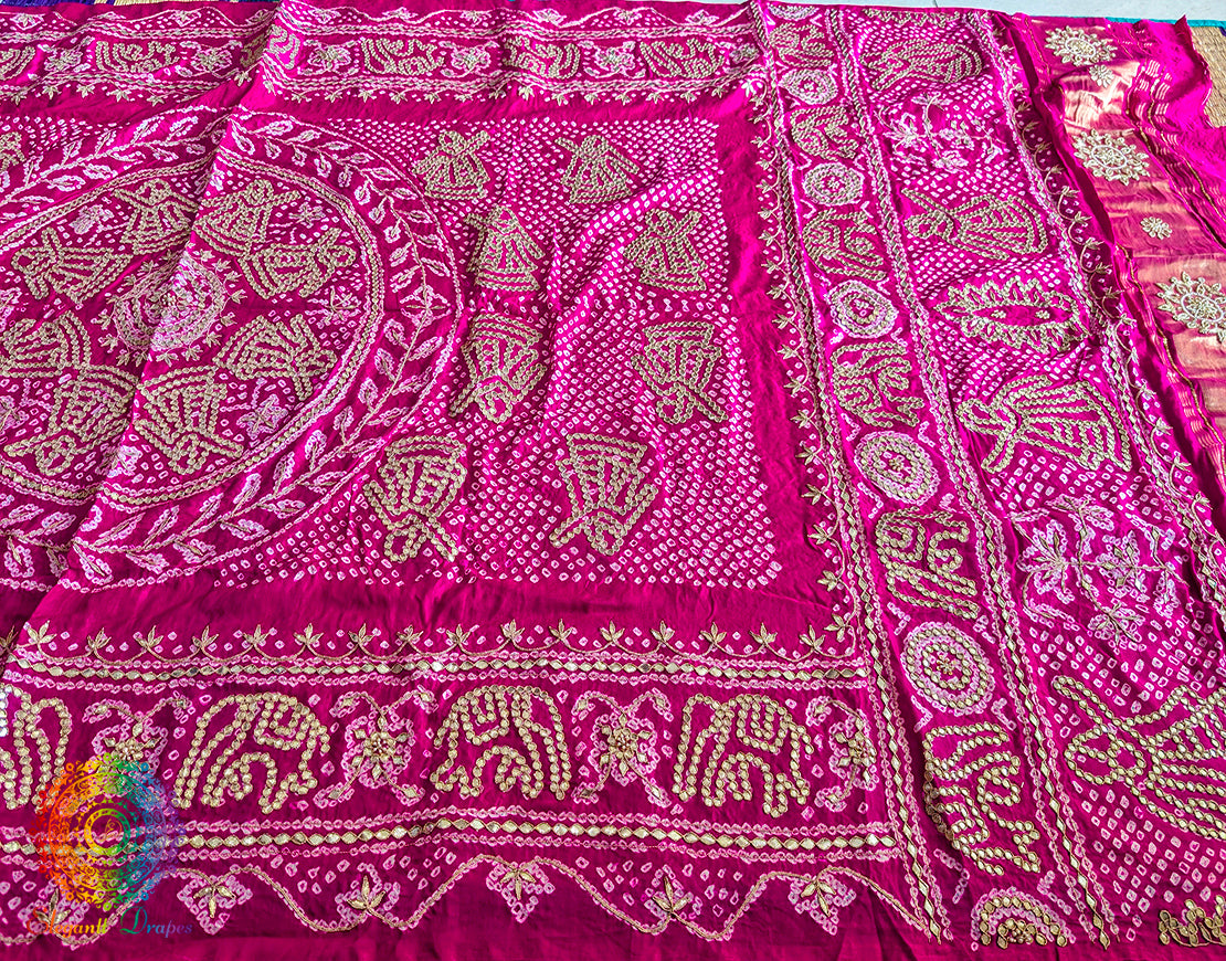 Pink Gaji Silk Bandhani Gota Patti Handwork Dupatta