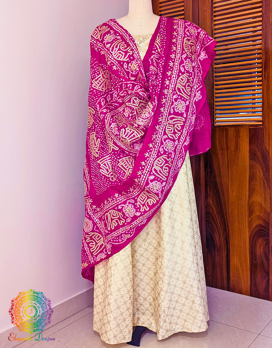 Pink Gaji Silk Bandhani Gota Patti Handwork Dupatta