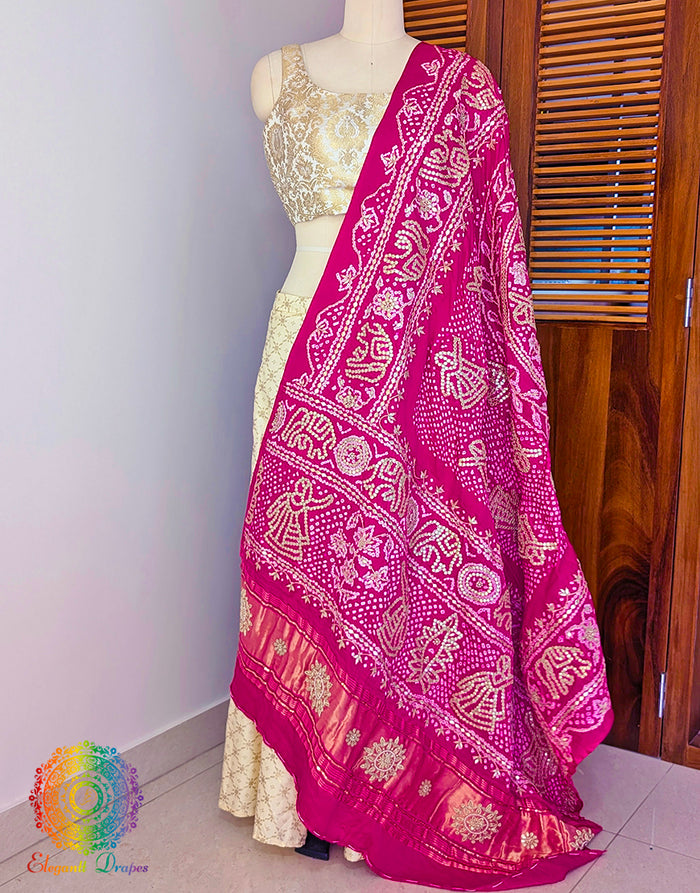 Pink Gaji Silk Bandhani Gota Patti Handwork Dupatta