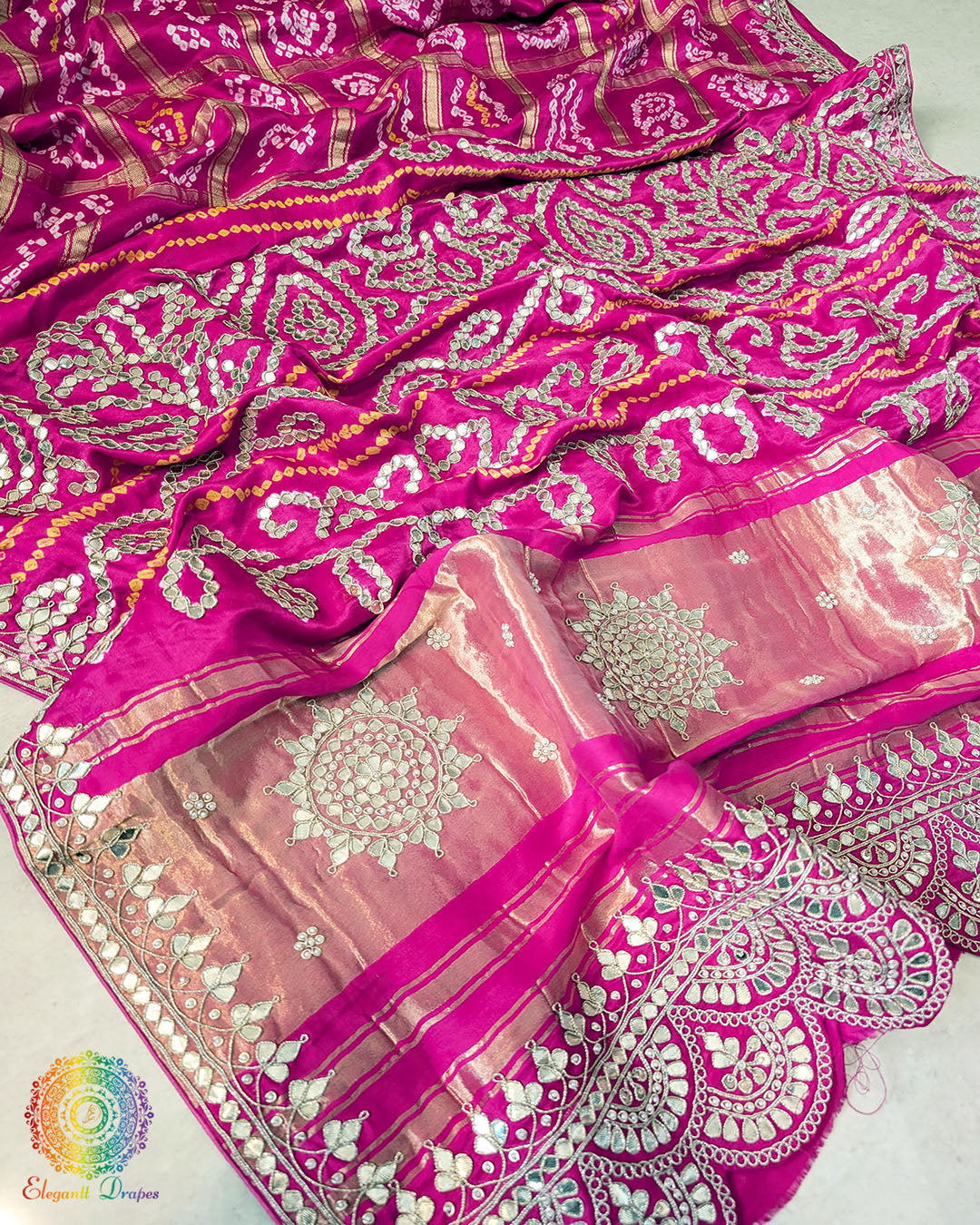 Pink Bandhej Gharchola Gota Patti Saree – Bandhani Saree Online India | Elegantt Drapes