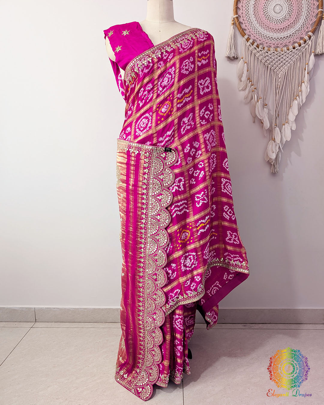 Pink Bandhej Gharchola Gota Patti Saree – Bandhani Saree Online India | Elegantt Drapes