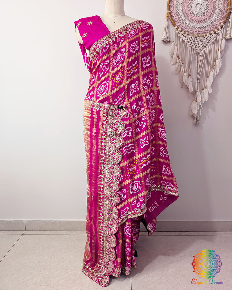 Pink Bandhej Gharchola Gota Patti Saree – Bandhani Saree Online India | Elegantt Drapes
