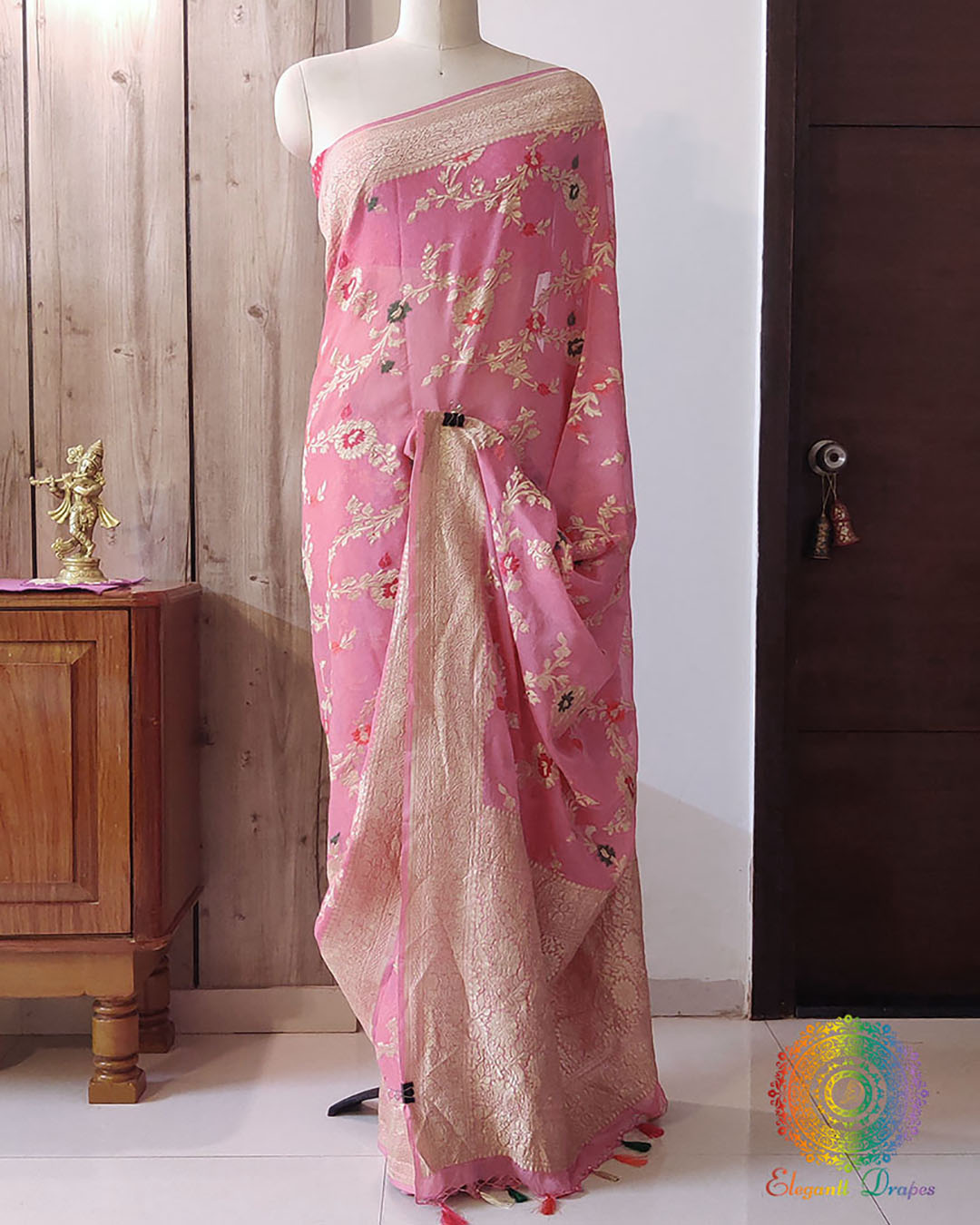 Rose Pink Banarasi Pure Khaddi Georgette Saree on manequin