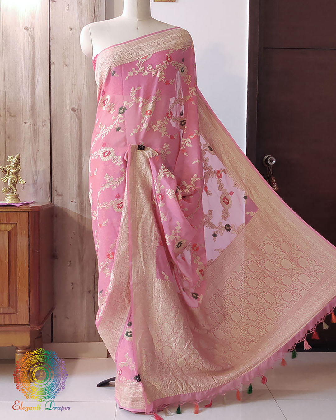 Rose Pink Banarasi Pure Khaddi Georgette Saree palla view