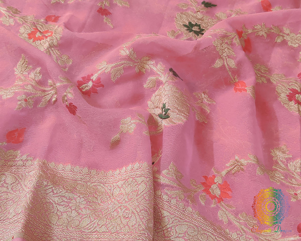 Rose Pink Banarasi Pure Khaddi Georgette Saree close up