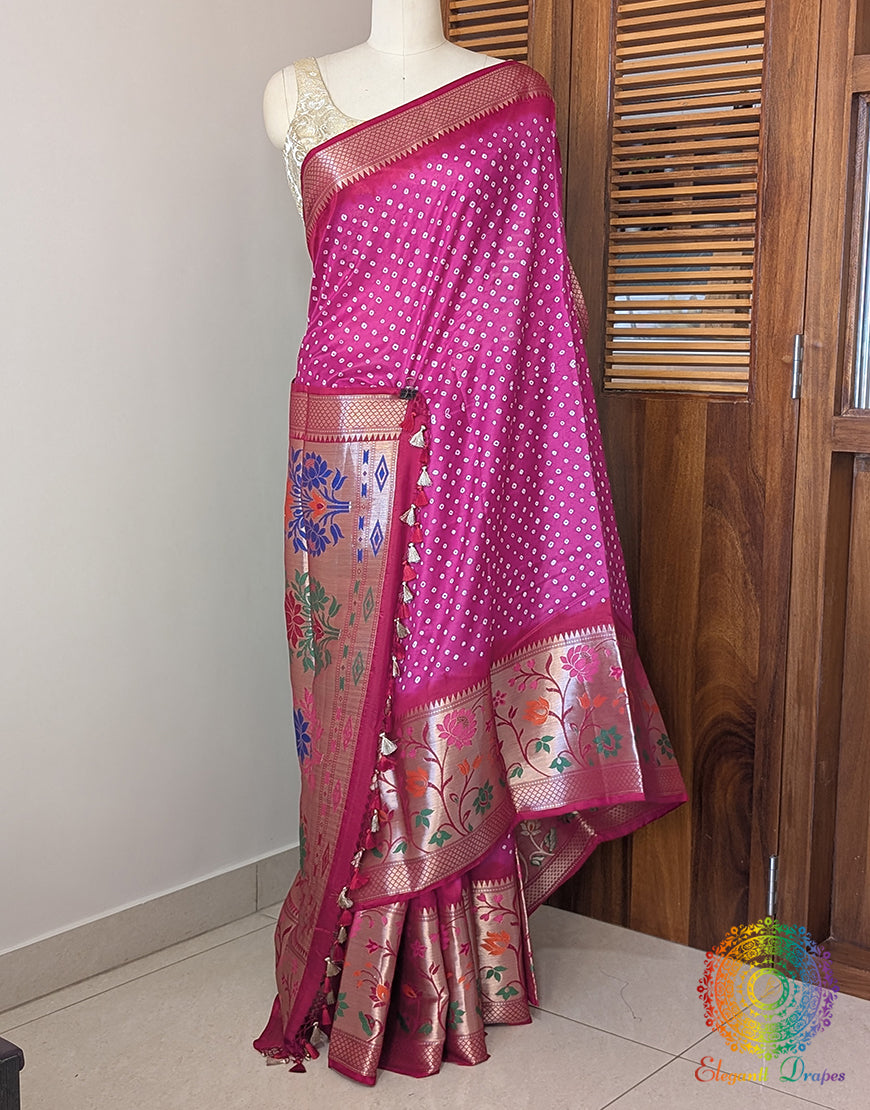 Pink Bandhani Meenakari Katan Silk Saree – Bandhani Saree Online India | Elegantt Drapes