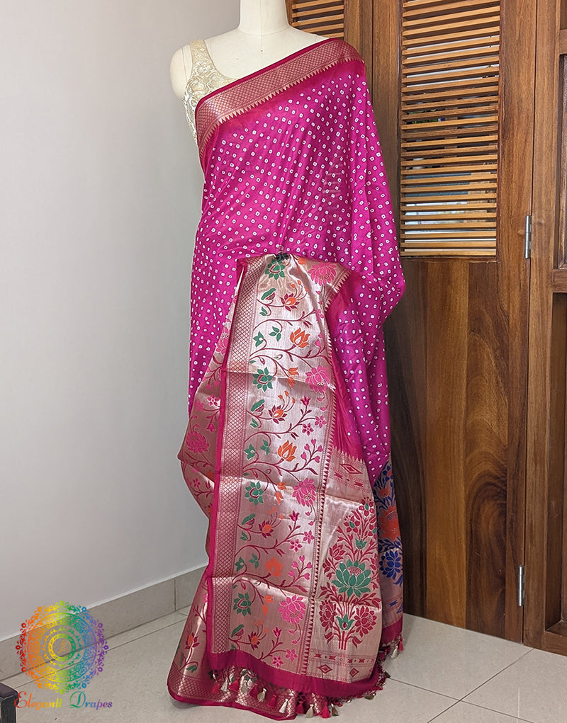Pink Bandhani Meenakari Katan Silk Saree – Bandhani Saree Online India | Elegantt Drapes