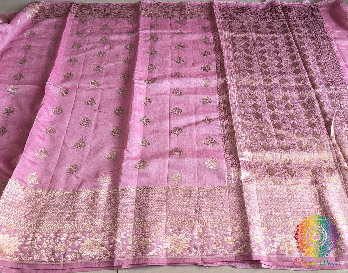 Pink Banarasi Handloom Pure Linen Saree – Handloom Saree Online India | Elegantt Drapes