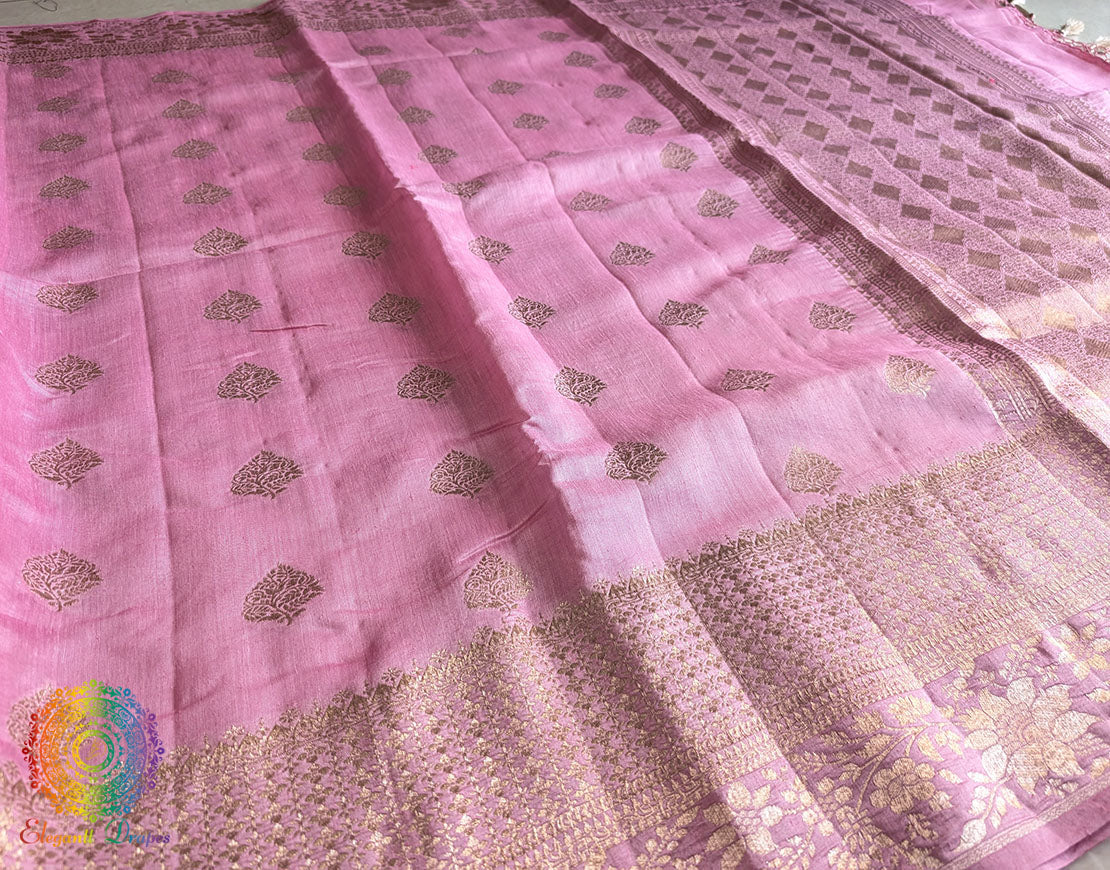 Pink Banarasi Handloom Pure Linen Saree – Handloom Saree Online India | Elegantt Drapes