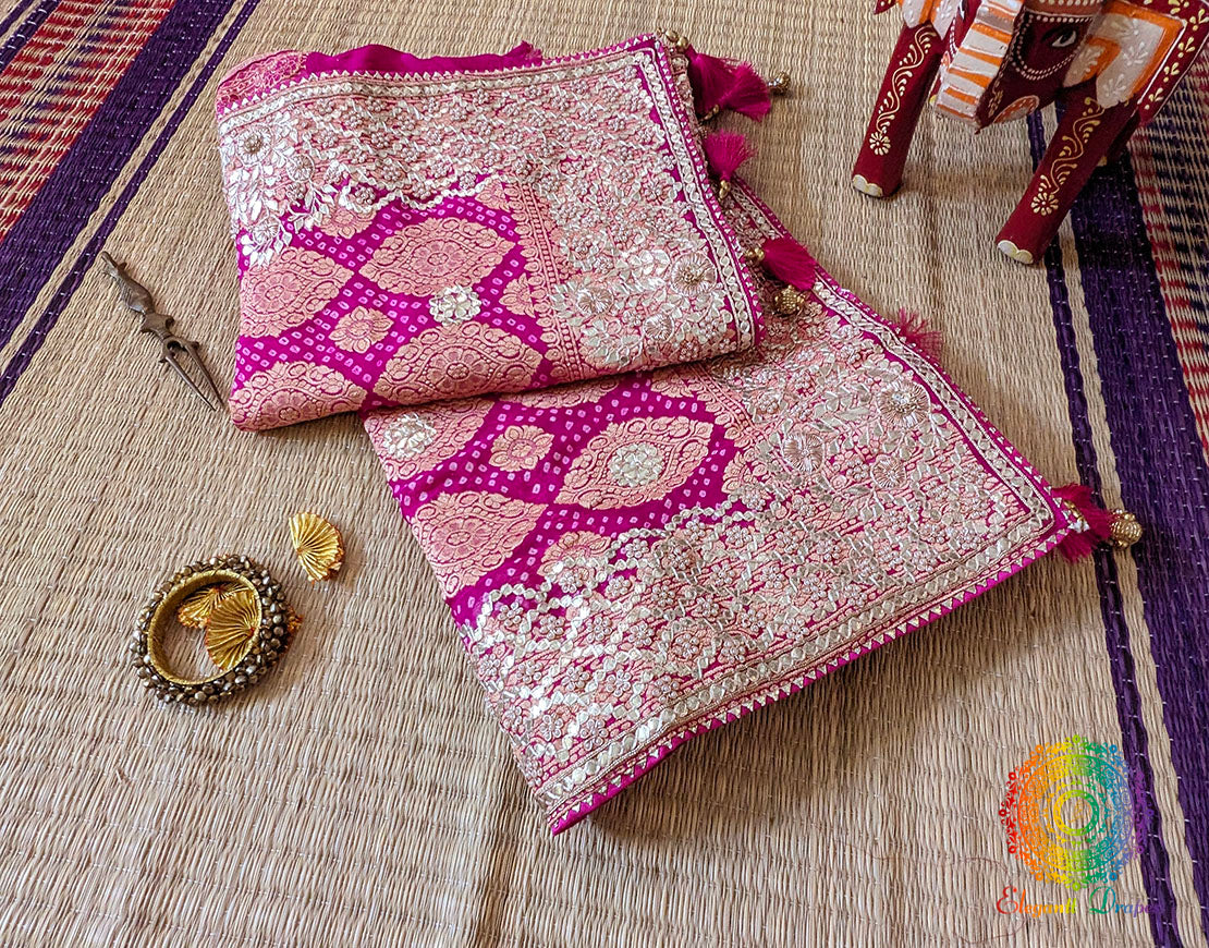Pink Shaded Banarasi Georgette Bandhani Gota Work Saree – Bandhani Saree Online India | Elegantt Drapes