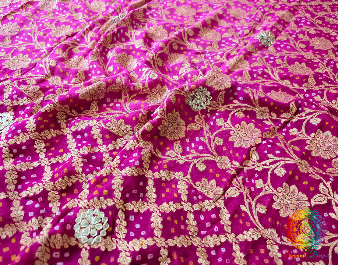 Pink Shaded Banarasi Georgette Bandhani Gota Work Saree – Bandhani Saree Online India | Elegantt Drapes