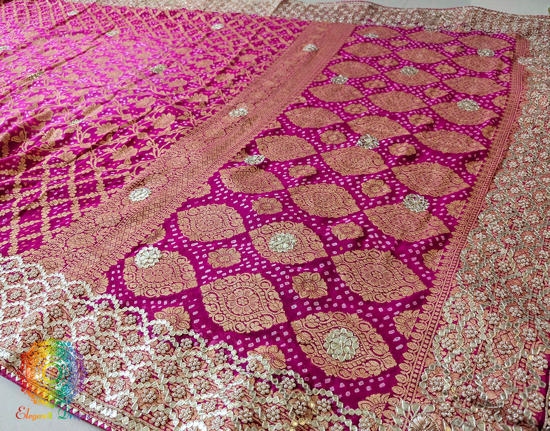 Pink Shaded Banarasi Georgette Bandhani Gota Work Saree – Bandhani Saree Online India | Elegantt Drapes