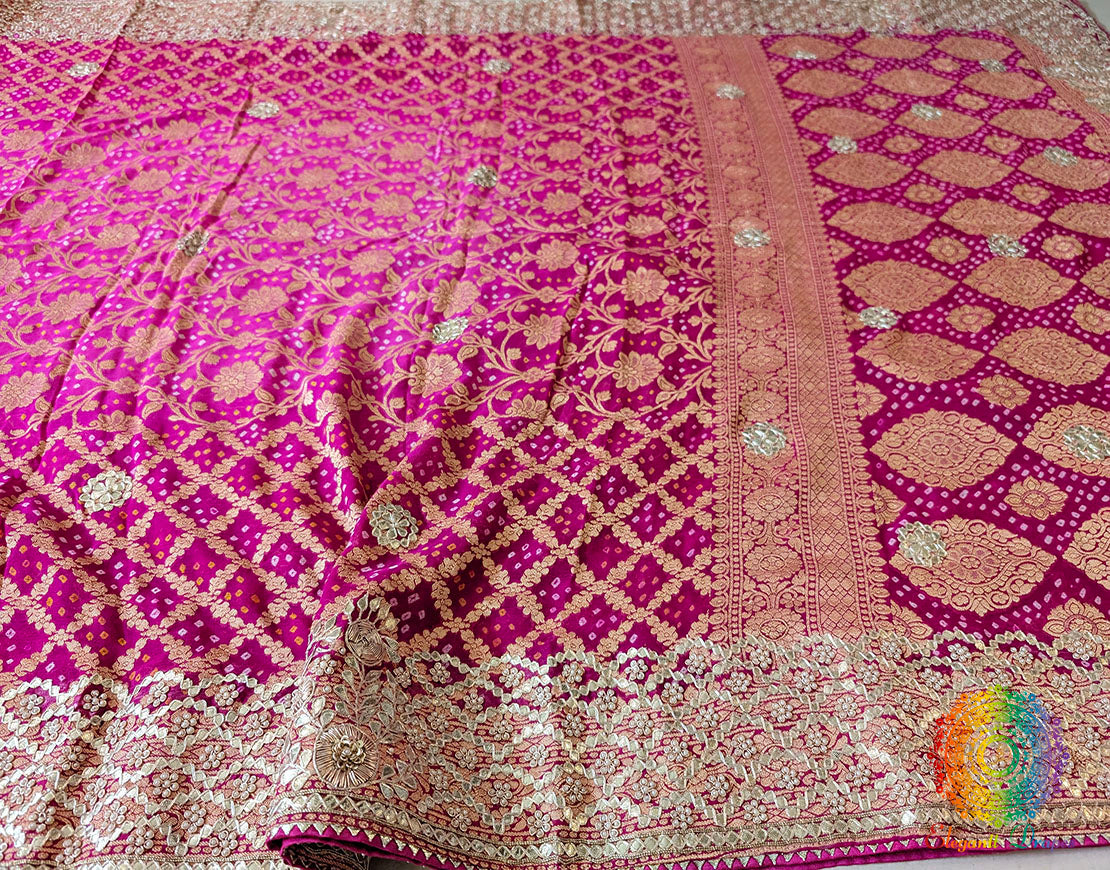 Pink Shaded Banarasi Georgette Bandhani Gota Work Saree – Bandhani Saree Online India | Elegantt Drapes