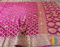 Pink Shaded Banarasi Georgette Bandhani Gota Work Saree – Bandhani Saree Online India | Elegantt Drapes