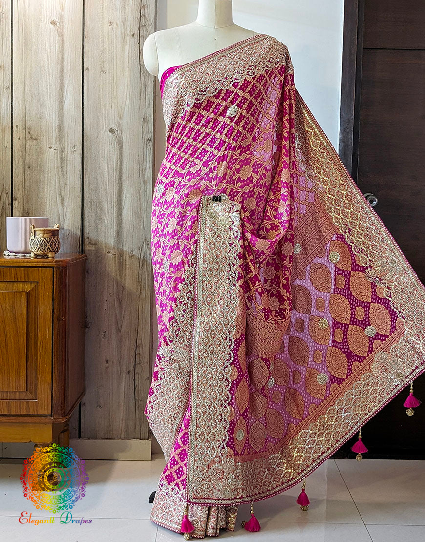 Pink Shaded Banarasi Georgette Bandhani Gota Work Saree – Bandhani Saree Online India | Elegantt Drapes
