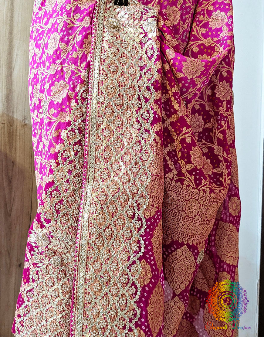 Pink Shaded Banarasi Georgette Bandhani Gota Work Saree – Bandhani Saree Online India | Elegantt Drapes