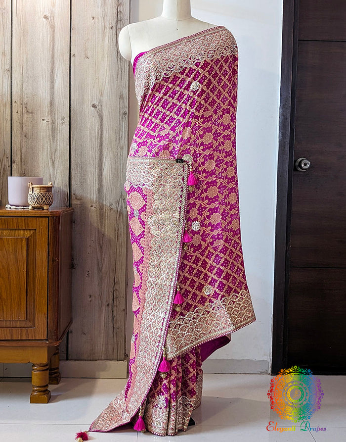 Pink Shaded Banarasi Georgette Bandhani Gota Work Saree – Bandhani Saree Online India | Elegantt Drapes