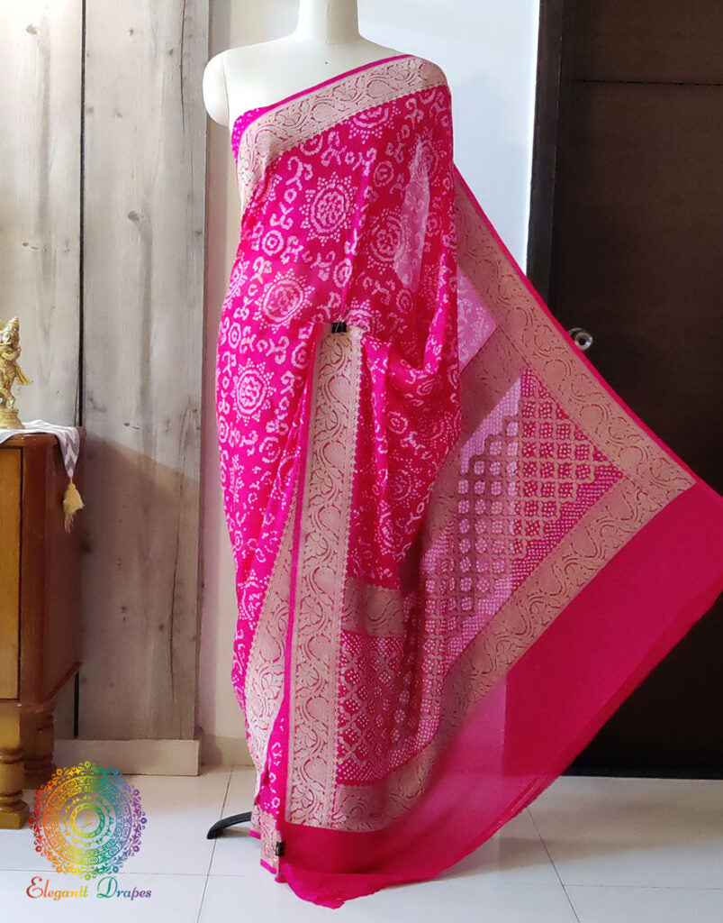 Pink Bandhani saree with traditional Gujarati tie dye