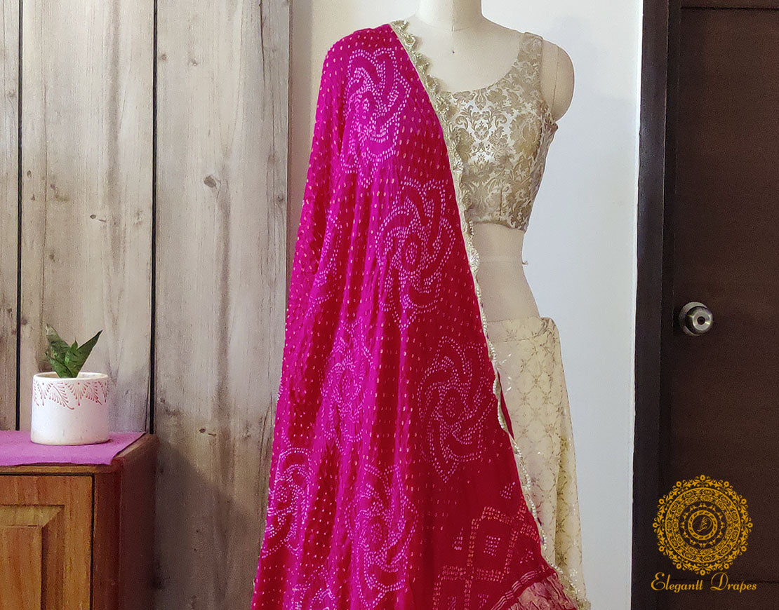 Pink Gaji Silk Bandhani Dupatta – Bandhani Saree Online India | Elegantt Drapes