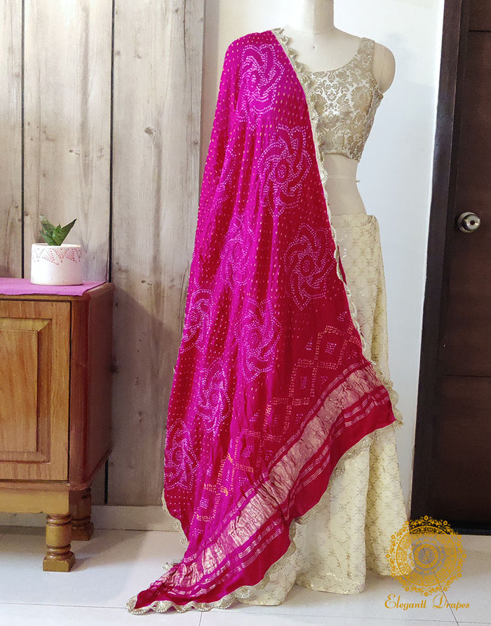 Pink Gaji Silk Bandhani Dupatta – Bandhani Saree Online India | Elegantt Drapes