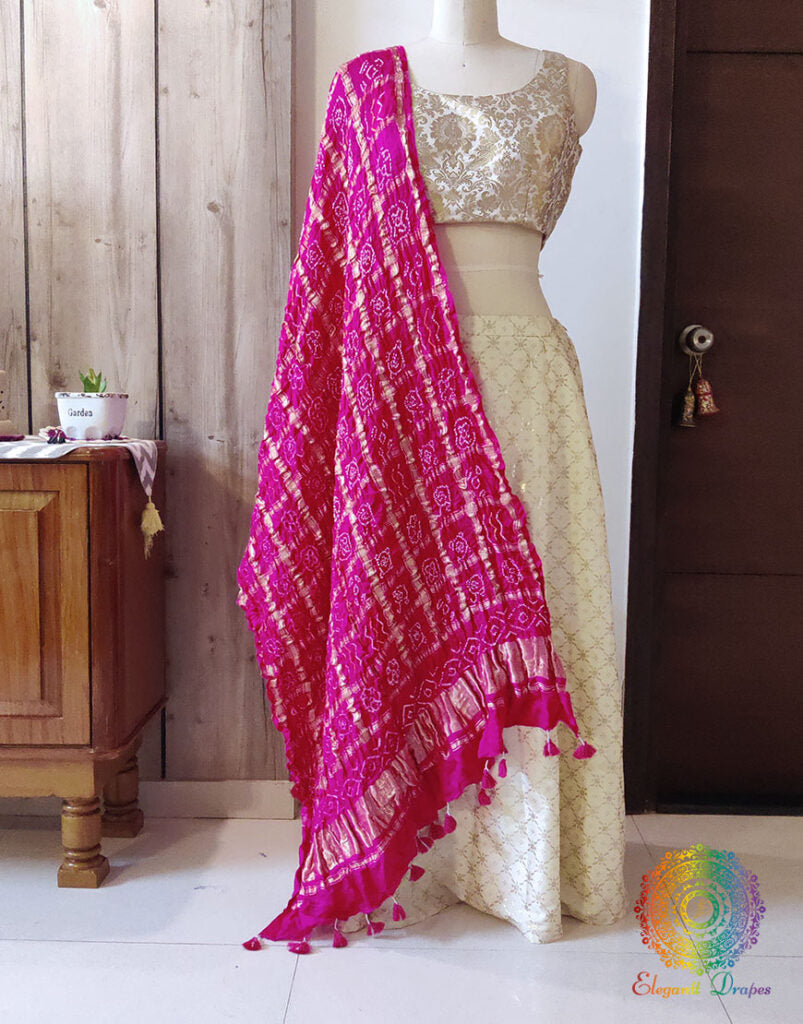 Rani Pink Pure Gaji Silk Bandhani Gharchola Dupatta