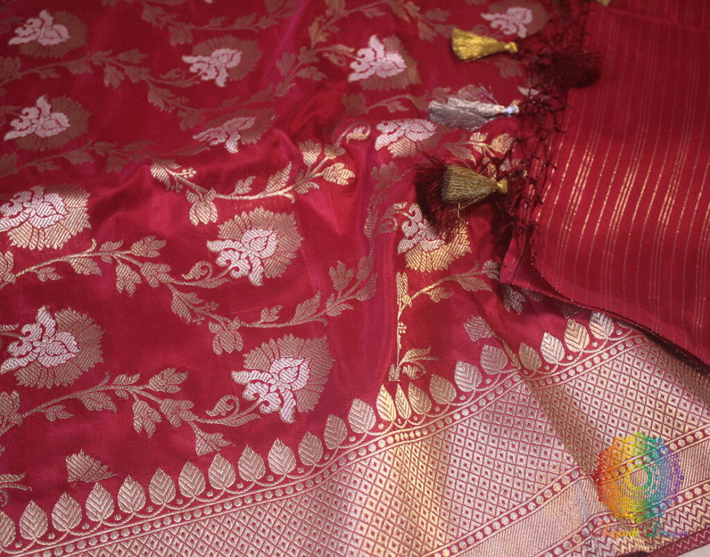 Deep Pink Banarasi Handloom Pure Katan Silk Jungla Dupatta | Elegantt Drapes